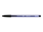 A black and purple ballpoint pen with a transparent barrel.