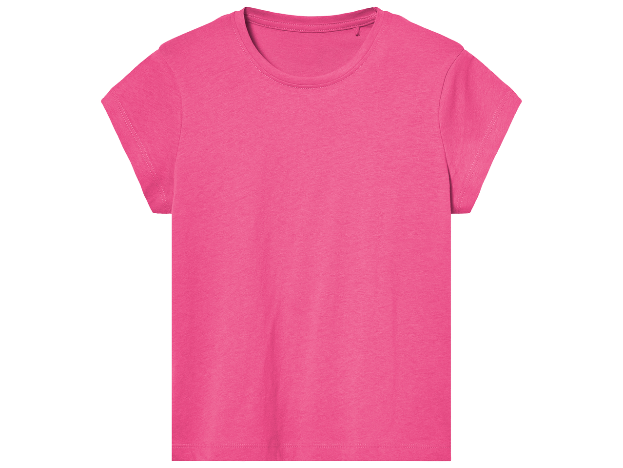T-shirt rose uni pour femme avec col rond et manches courtes.