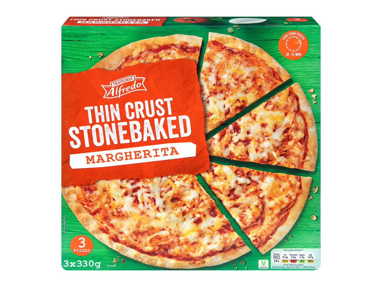 Three Trattoria Alfredo thin crust stonebaked Margherita pizzas.