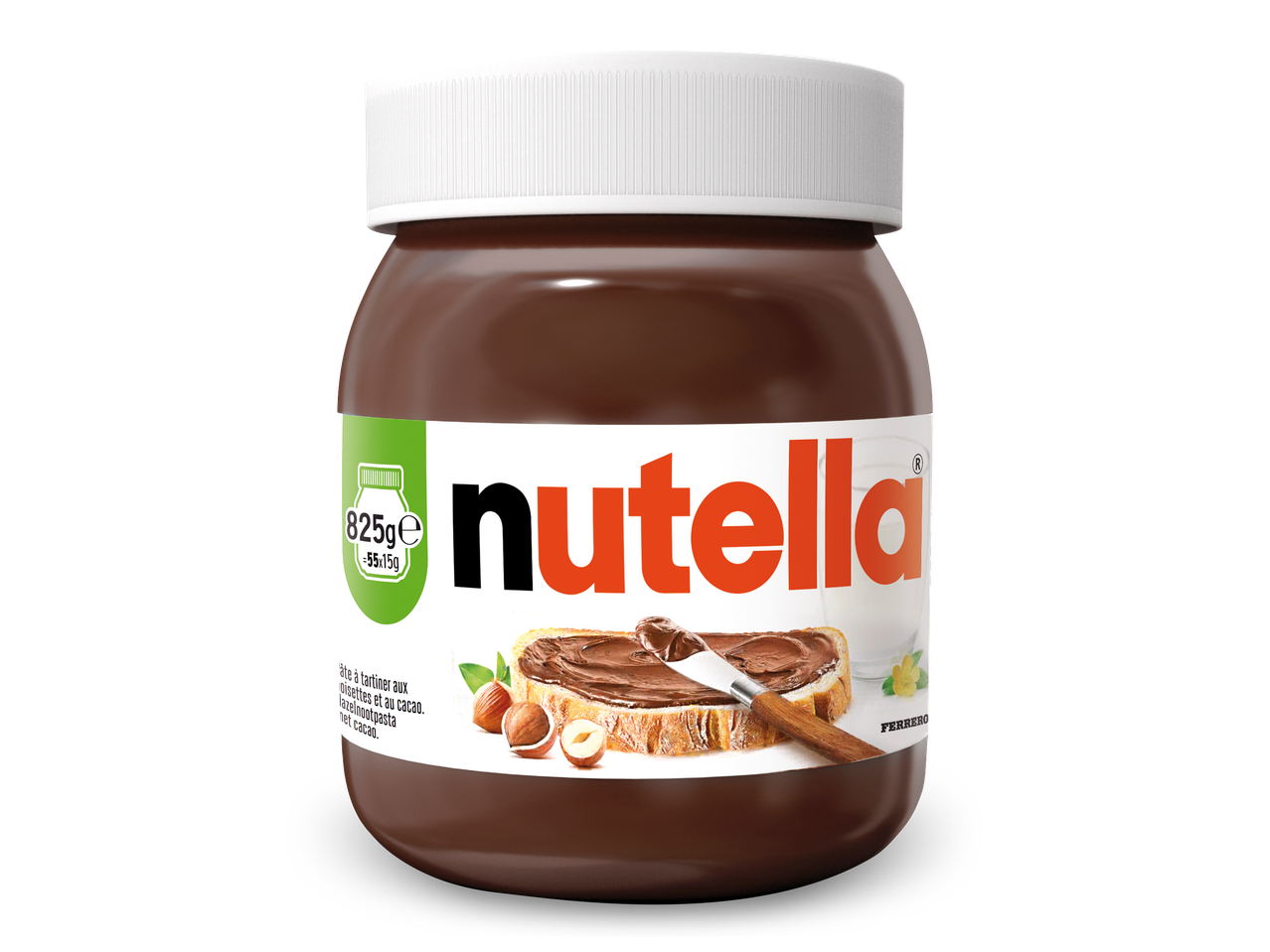 Pot chocoladepasta met hazelnoten, met een label waarop een boterham met chocoladepasta staat.