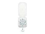 A clear plastic box filled with silver screw-in cup hooks, with one hook outside the box.