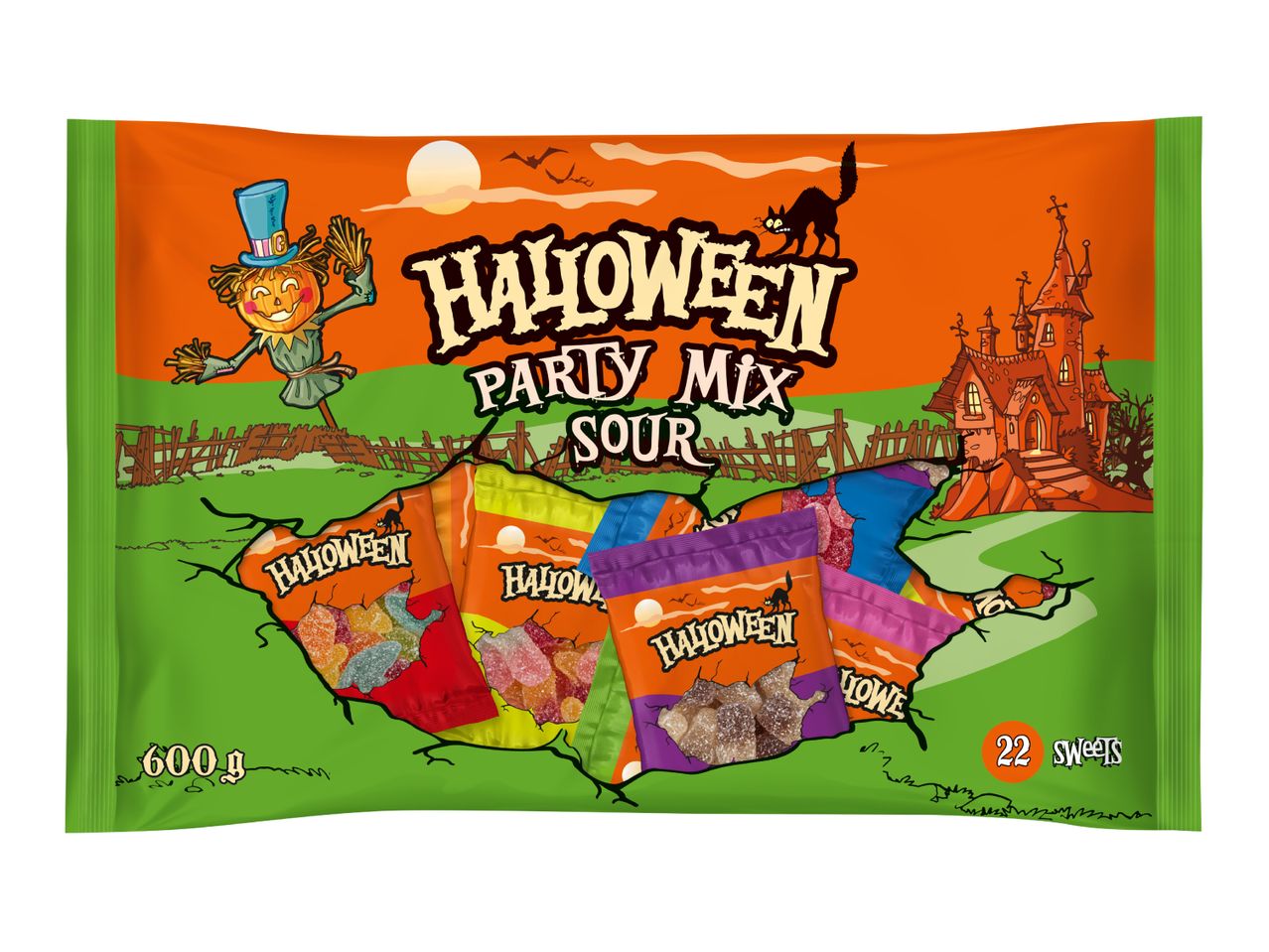 A 600g bag of Halloween Party Mix Sour sweets containing 22 individual packs.
