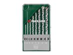 A set of drill bits in a clear green and gray case, with sizes 3 to 10 indicated.