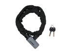 Black bicycle chain lock with a grey locking mechanism and two keys.