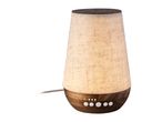 Aroma diffuser with a fabric shade, wooden base, and glowing light