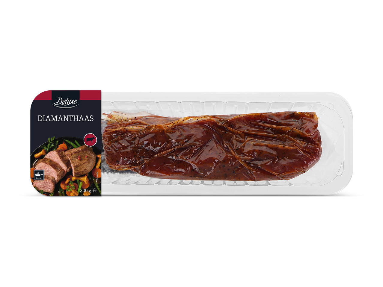 Verpakte gemarineerde runderhaas met een label dat een bereid gerecht toont.