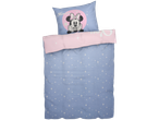 Dječji posteljni komplet s motivom Minnie Mouse u svijetloplavoj i ružičastoj boji.