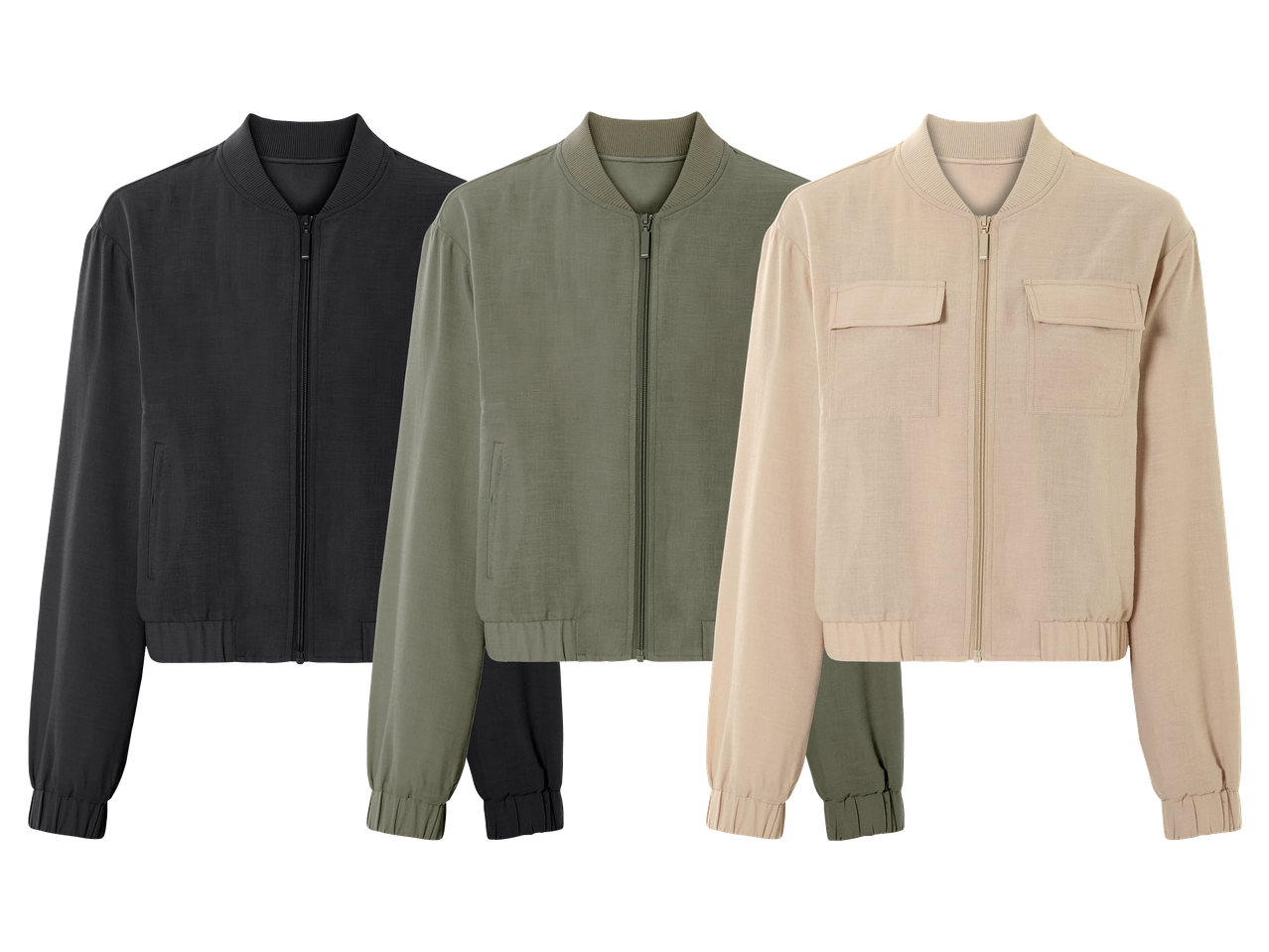 Tre bomberjackor i olika färger: svart, olivgrön och beige.