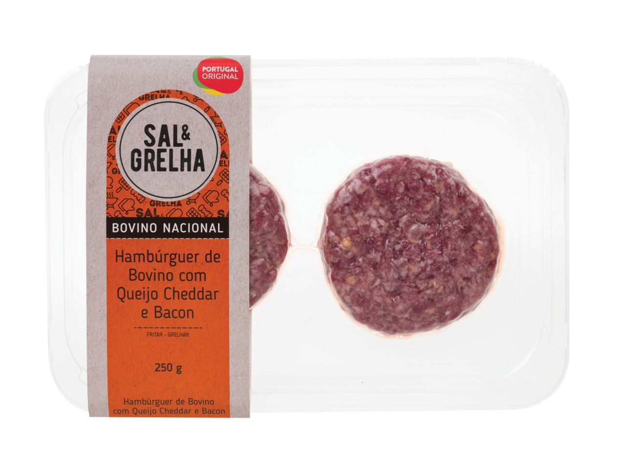 Hambúrgueres de carne bovina Sal & Grelha com queijo cheddar e bacon.