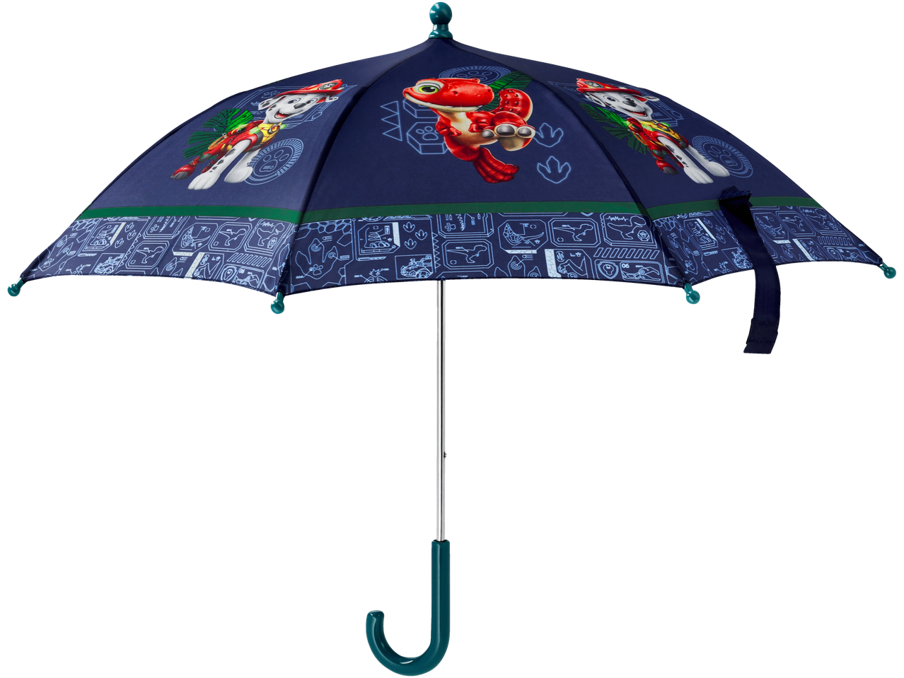 Blue children's umbrella with cartoon dog and dinosaur characters and a green handle.
