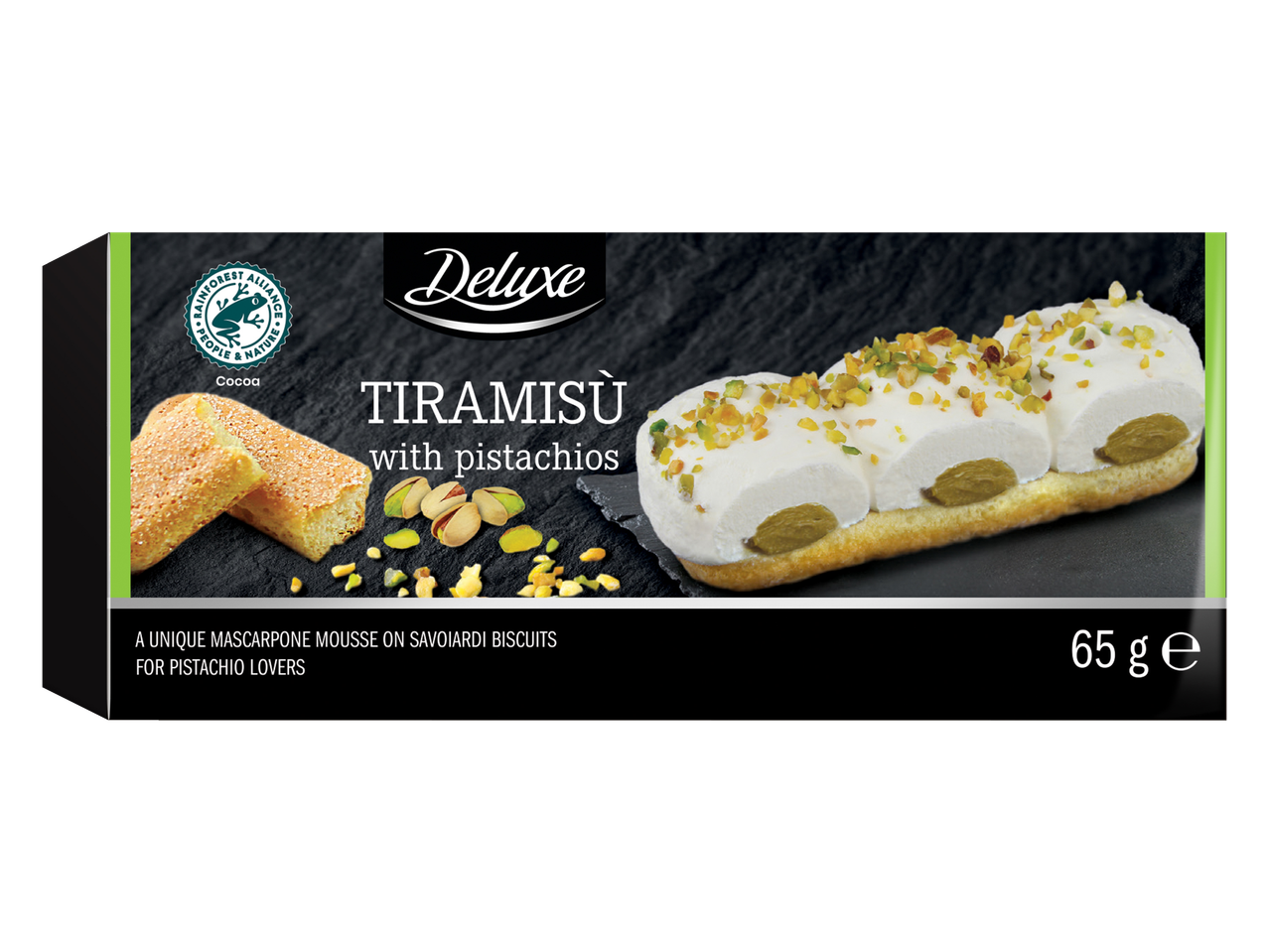 Deluxe Tiramisu cu pistacii: O mousse unică de mascarpone pe biscuiți Savoiardi pentru iubitorii de pistacii (65g).