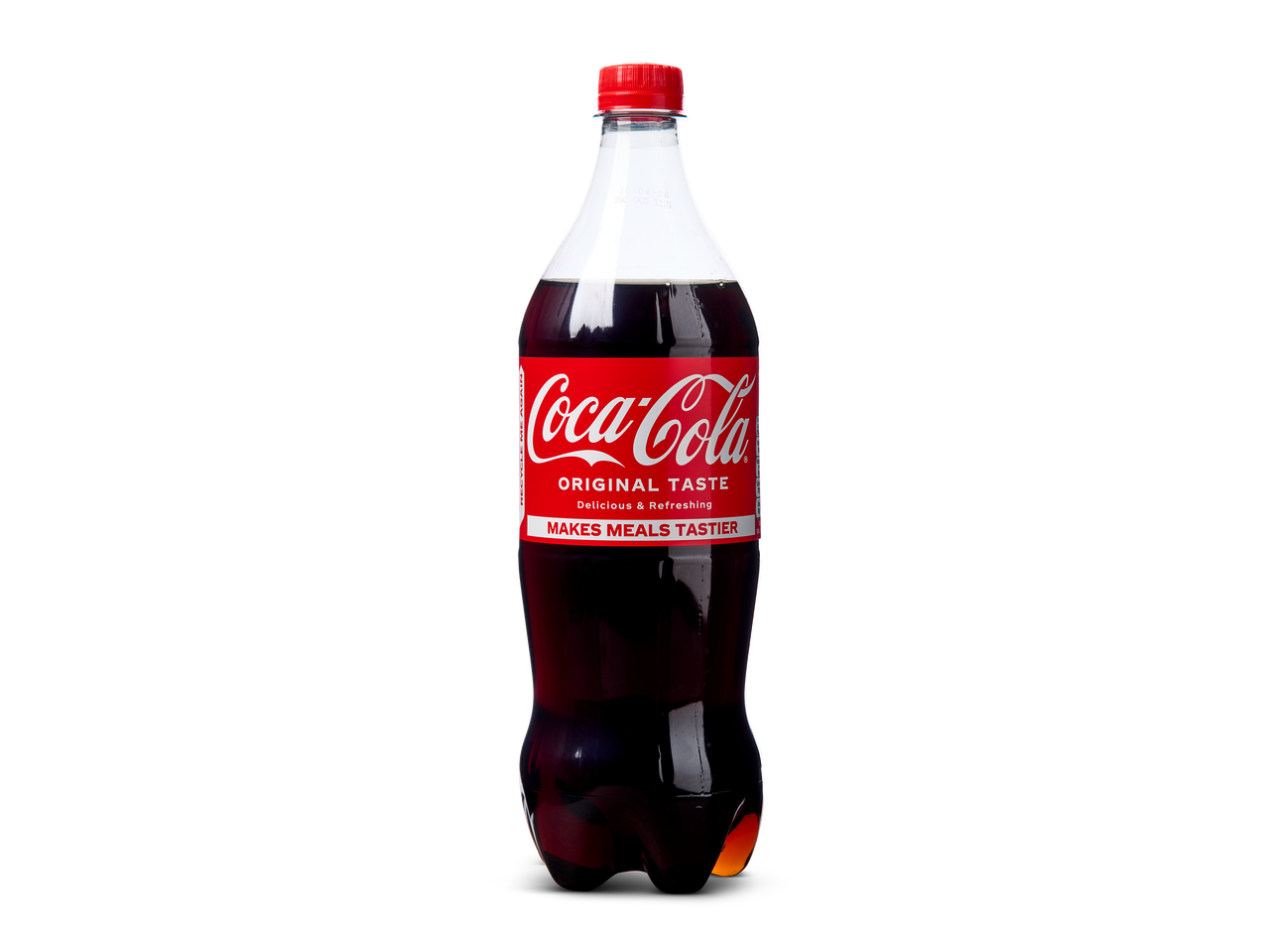 Een fles Coca-Cola Original Taste met een rood etiket en dop op een zwarte achtergrond.