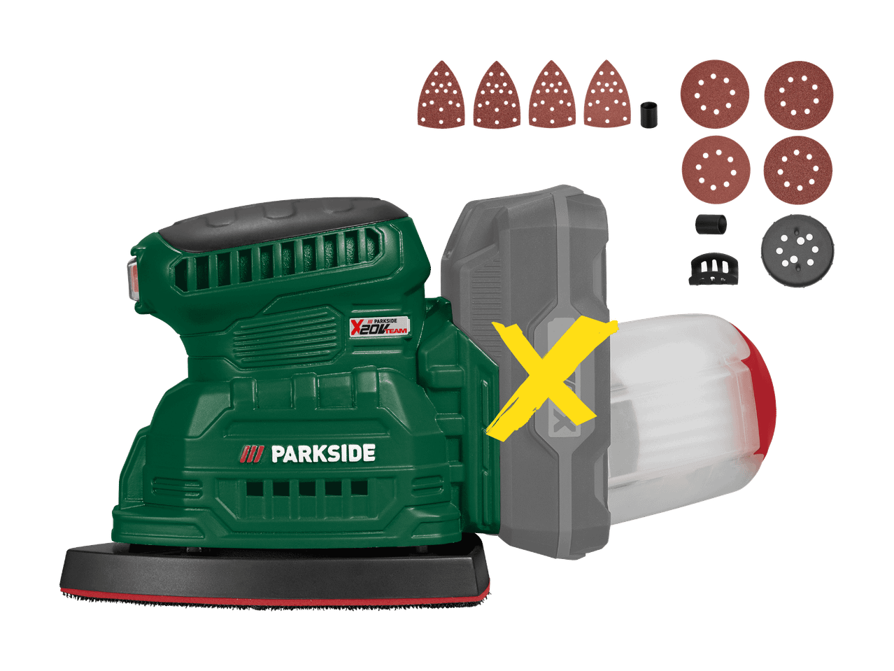 Grüner Akku-Schleifer mit Schleifzubehör und Staubbehälter.