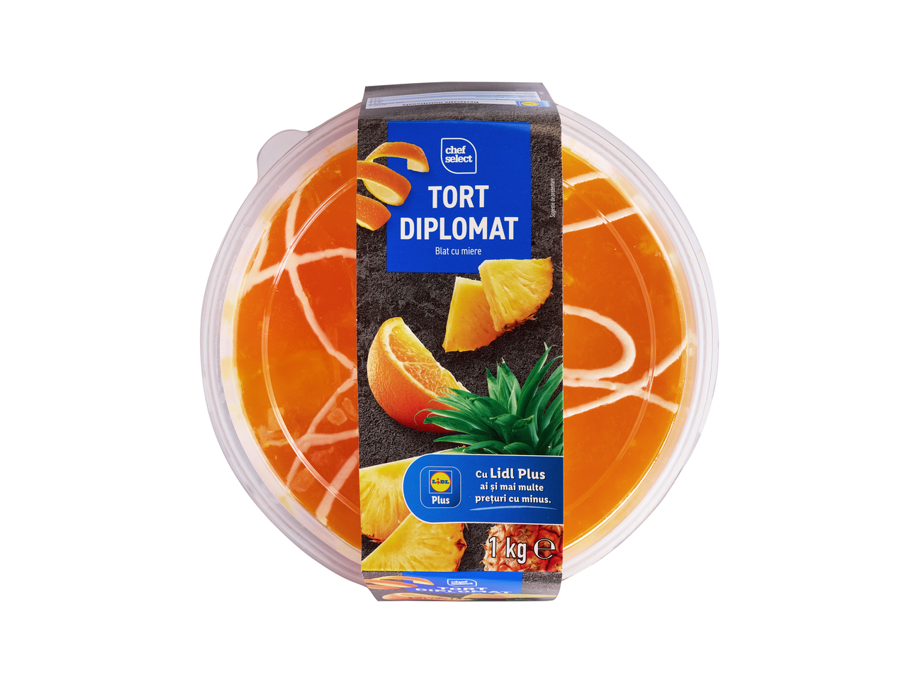 Tort Diplomat Chef Select cu blat cu miere, decorat cu fructe, 1 kg.