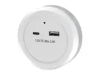 White circular USB charger with one USB-A and one USB-C port, labeled 5.0V DC Max.3.4A.