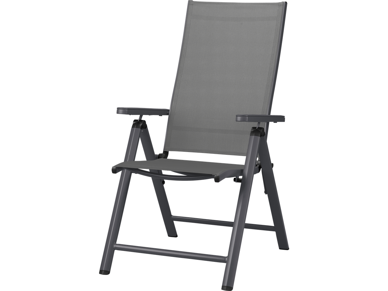 A grey folding garden chair with armrests, angled to show the seat and backrest.