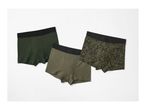 Three pairs of men's boxer briefs in olive green; two solid and one with a graffiti print.