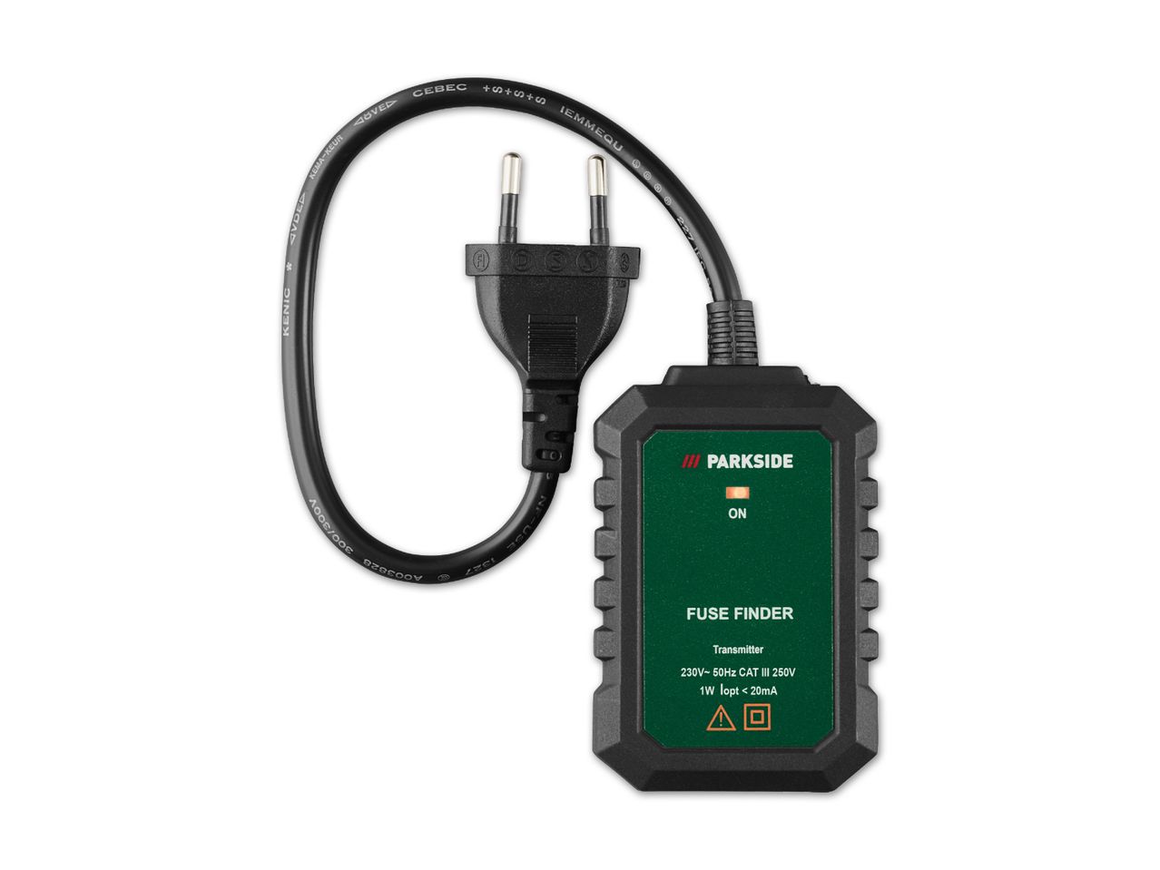Ein Parksiden Sicherungssucher mit Stecker wird auf weißem Hintergrund gezeigt.