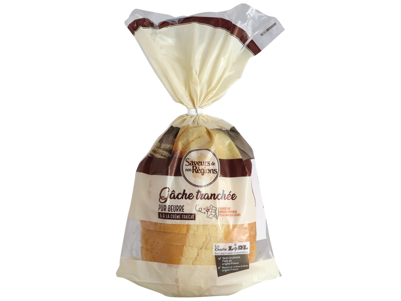 Paquet de gâche tranchée au beurre et à la crème fraîche, avec la mention 'Saveurs de nos Régions'.