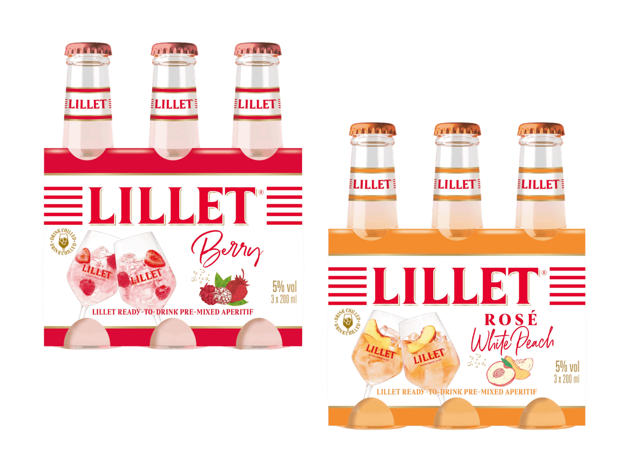 Zwei 3er-Packs trinkfertiger Aperitifs: Beere und Rosé Weißer Pfirsich, 5% vol, 3x200ml.