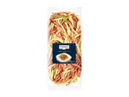Clear plastic bag of tri-color fusilli pugliesi pasta with a label showing a pasta dish.
