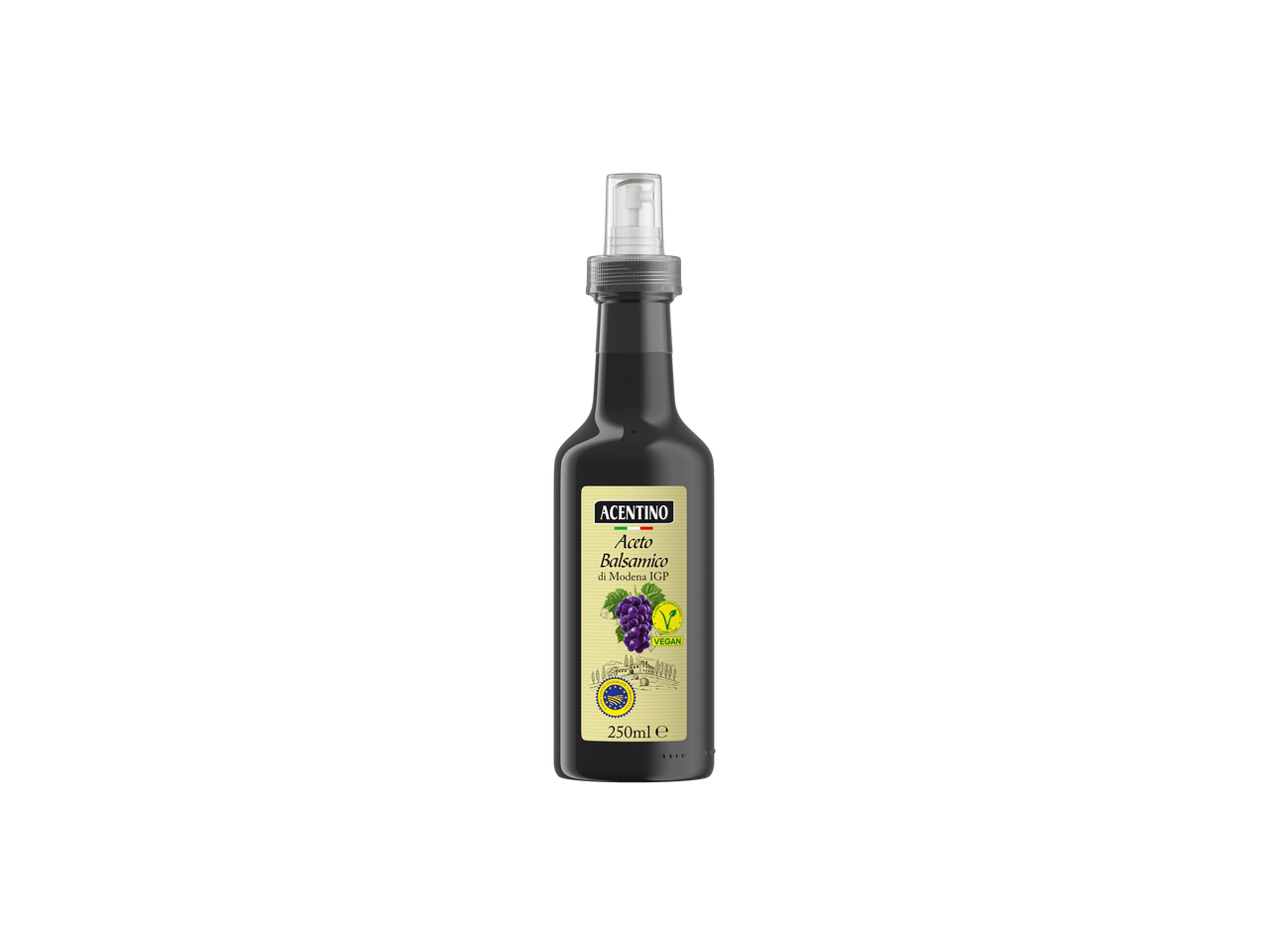 O sticlă de Acentino Aceto Balsamico di Modena IGP cu pulverizator.