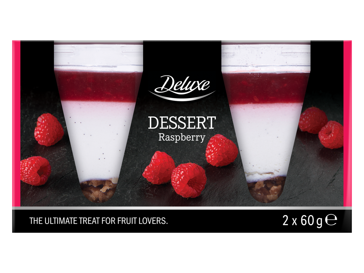 Deluxe vaarika magustoit: kaks kihilist magustoitu vaarikate ja purupõhjaga.