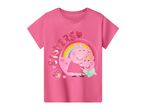 Pink short-sleeved t-shirt with Peppa Pig and George Pig, rainbow, and 'SISTERS' in sequins.