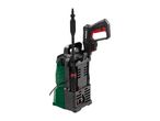 A compact pressure washer with a spray gun and hose, featuring a green and black body.