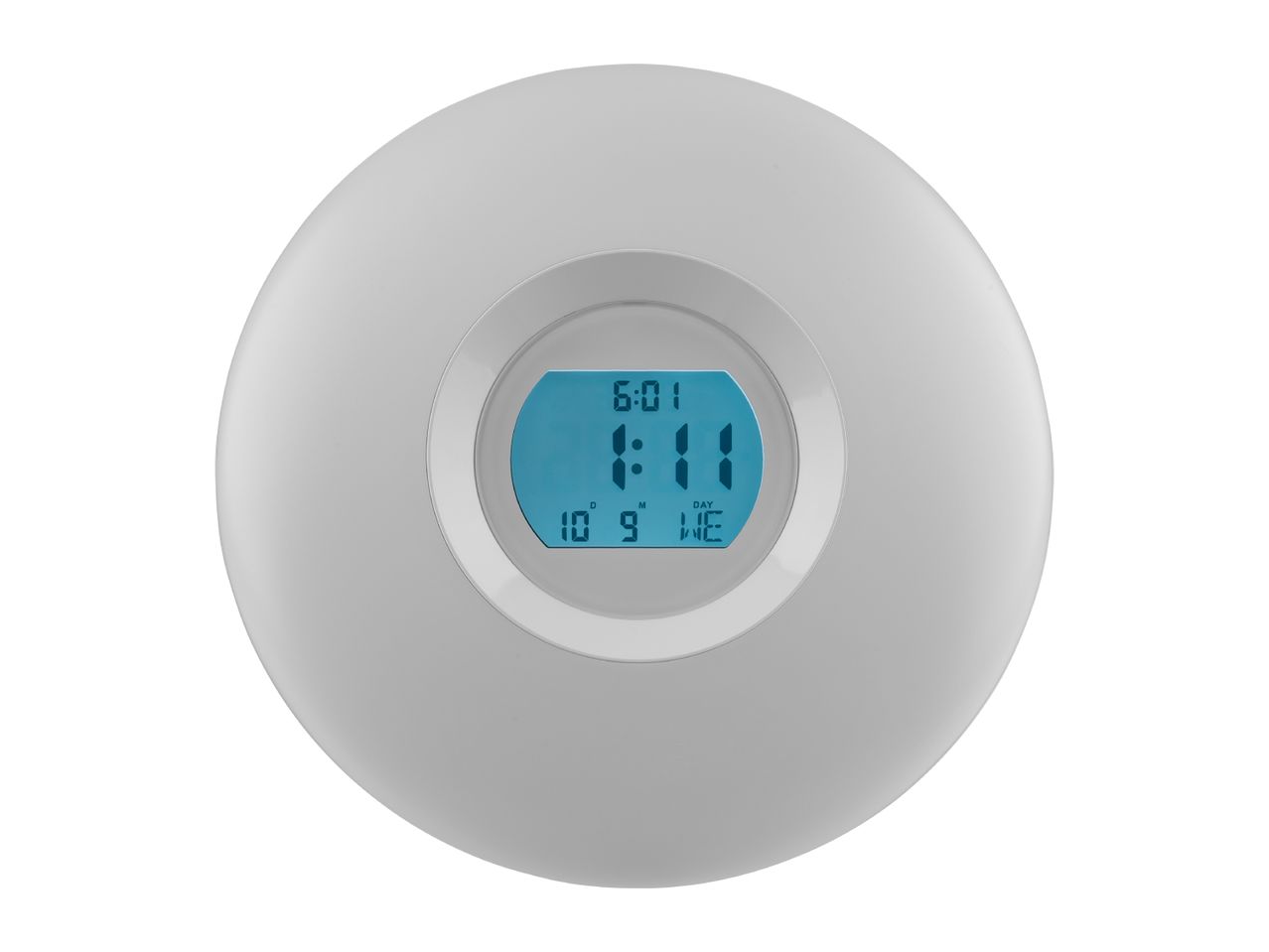 Round white digital wall clock with a blue backlit display showing the time and date