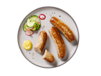 Gegrilde knoflookbraadworsten met komkommer- en radijssalade, en mosterd.