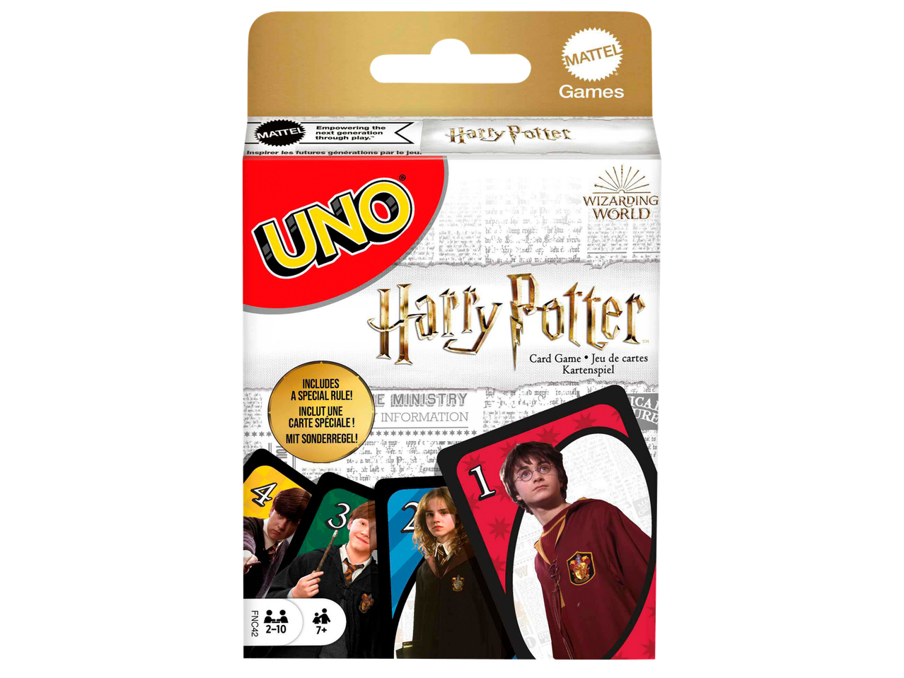Карти за игра UNO Harry Potter с Хари, Рон и Хърмаяни, включващи специално правило.