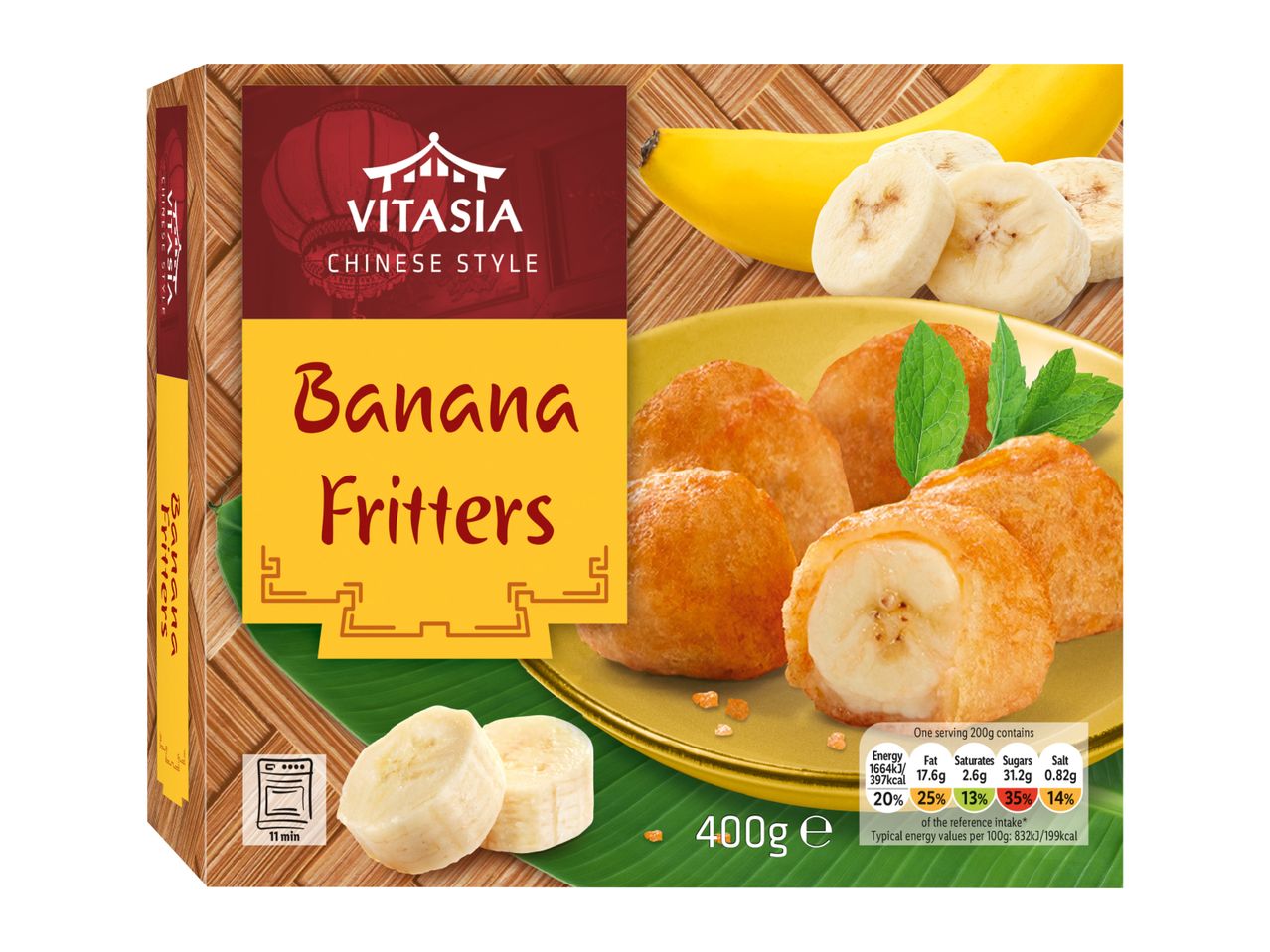 Chinese-style banana fritters with fresh bananas, cooking instructions, and nutritional information.