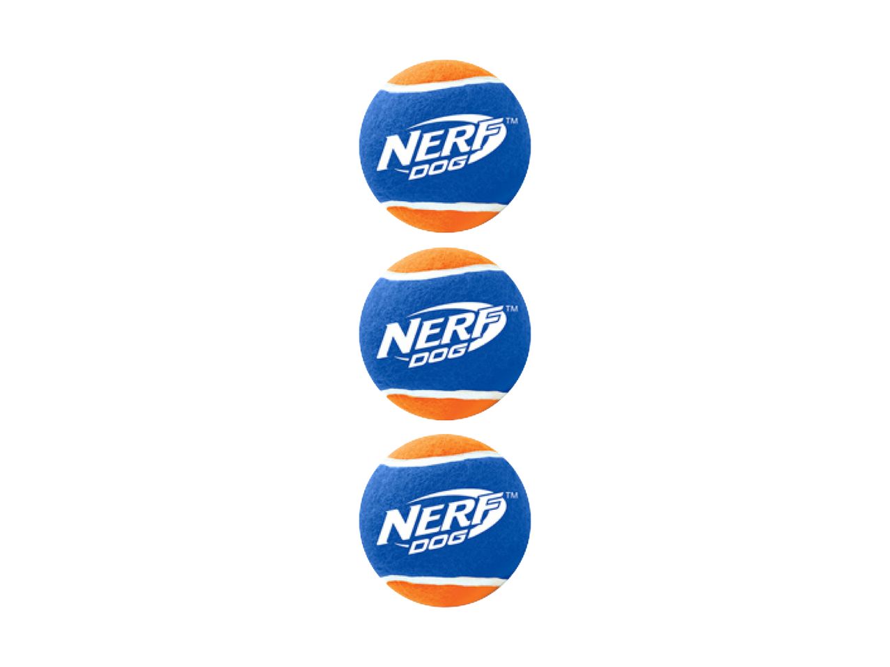 Three orange and blue dog tennis balls, stacked vertically.