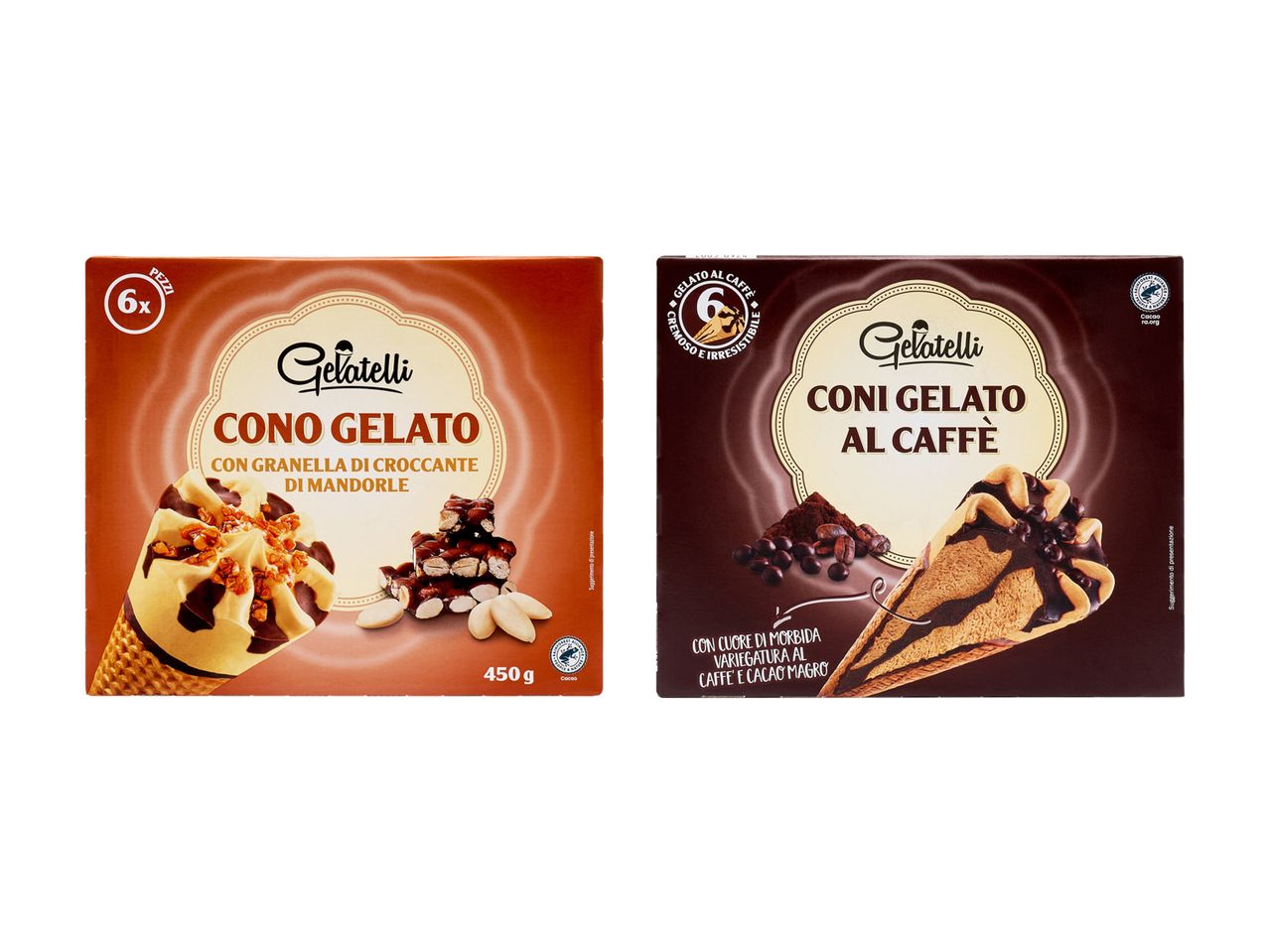 Due confezioni di coni gelato Gelatelli: uno al gusto mandorla e l'altro al caffè.