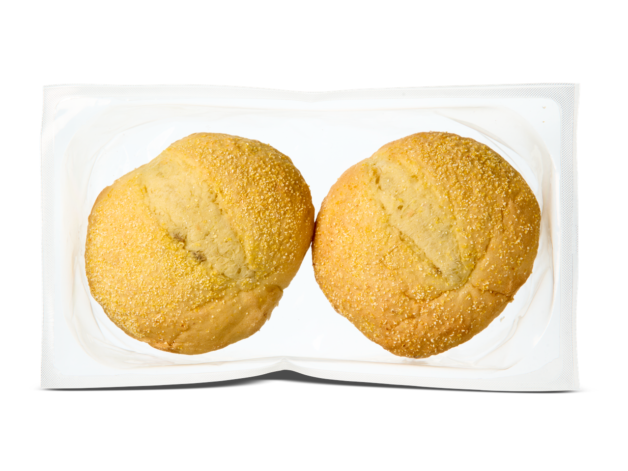 Twee tarwe maïsbollen in een plastic verpakking.