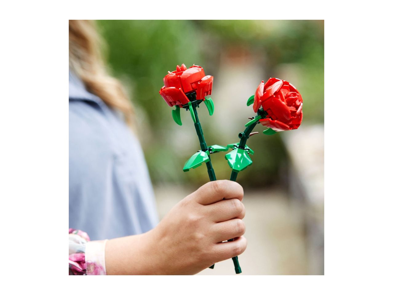 A person holding two red toy roses with green stems and leaves.