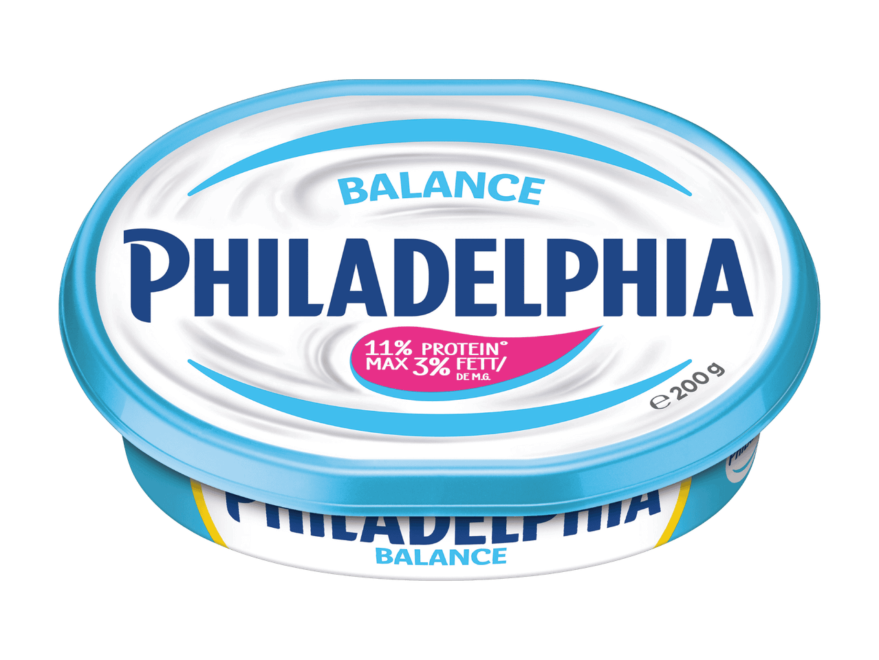 Philadelphia Balance Frischkäse mit 11% Protein und max. 3% Fett, 200g.