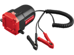 ULTIMATE SPEED® 12V Oil Pump with red and black housing, power cables, and battery clamps.
