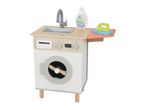 Wooden toy washing machine with sink, detergent, and ironing board with iron.