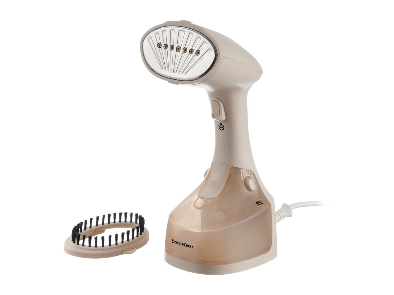 A beige handheld garment steamer with a transparent water tank and a brush attachment.