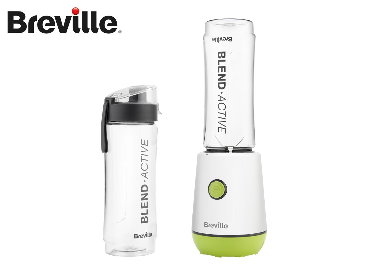 A personal blender with a white base and green trim, alongside a clear portable bottle.