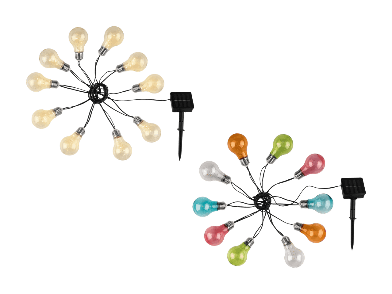 Deux ensembles de guirlandes solaires à LED, l'un avec des ampoules blanc chaud et l'autre avec des ampoules colorées.