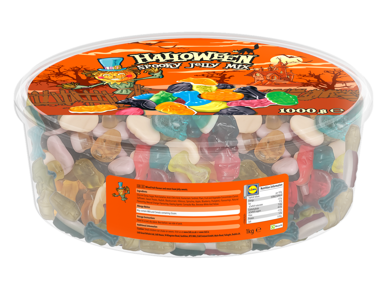 Halloween Spooky Jelly Mix in a clear plastic tub with a festive label.