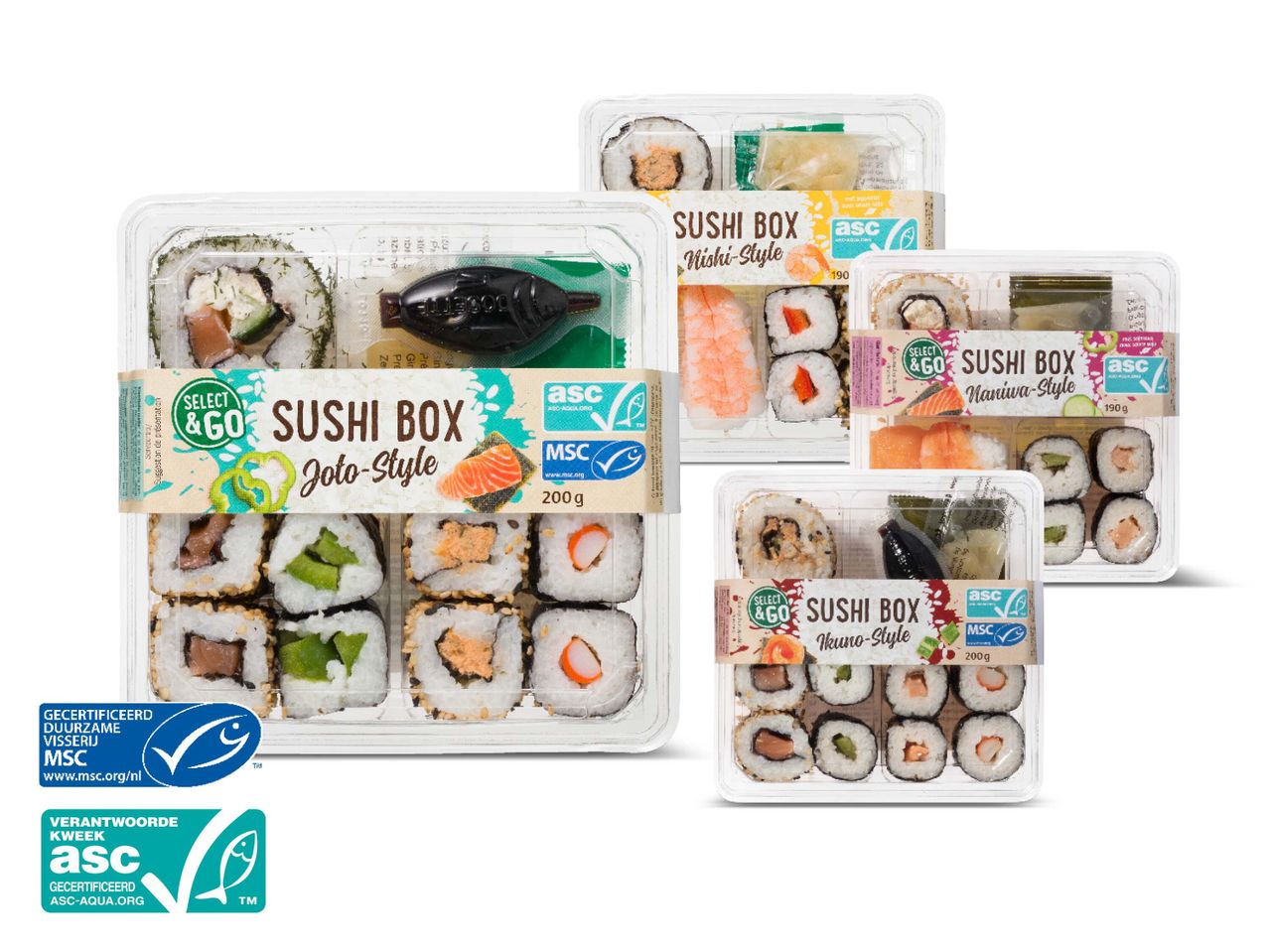 Select & Go sushiboxen: Nishi, Joto, Naniwa en Ikuno stijl.
