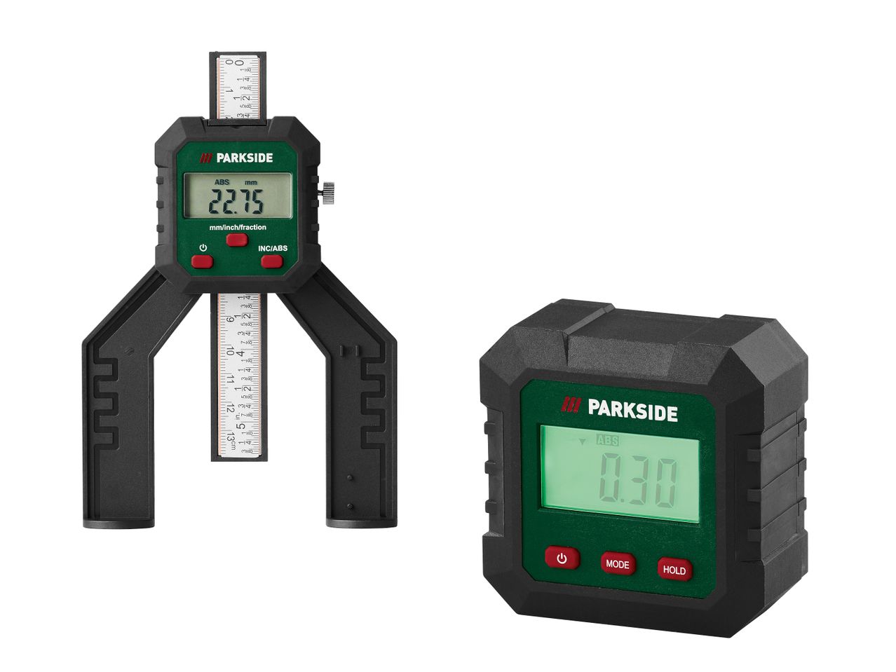Digitaler Tiefenmesser und digitaler Winkelmesser mit Display und Tasten.