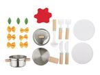 Play kitchen set with pots, pans, utensils, plates, and felt food items like pasta and leaves.