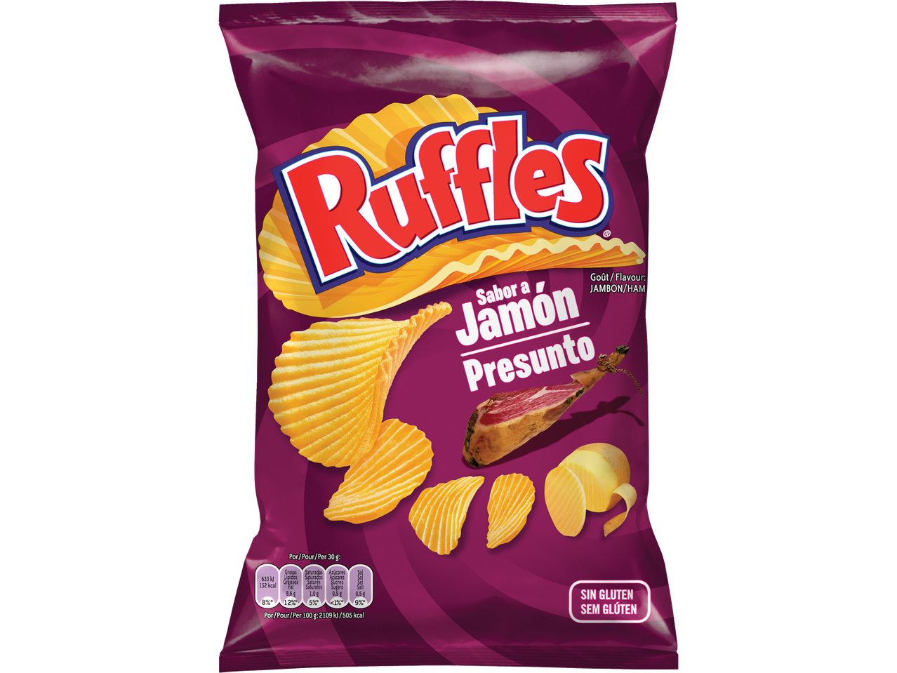 Batatas Ruffles, sabor a presunto Serrano, sem glúten.