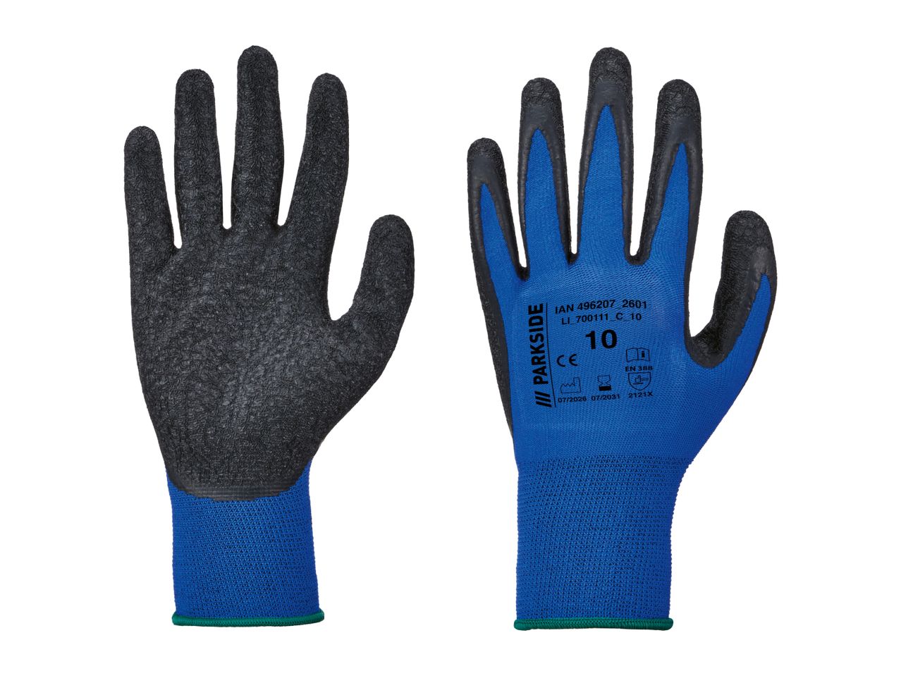 Pair of blue and black work gloves, one showing the palm with textured grip, the other the back with product information.