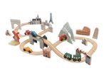 Wooden toy train set with cars, famous landmarks, and buildings on a white background.